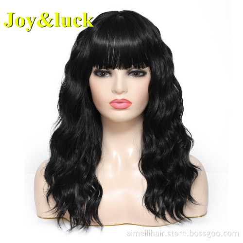 18inch Medium Length Wholesale Pink Color Women's Wig With Bangs Finger Wave Natural Water Wave Cosplay Costume Synthetic Wigs